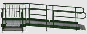 Modular ramp with green handrails and easy access gate