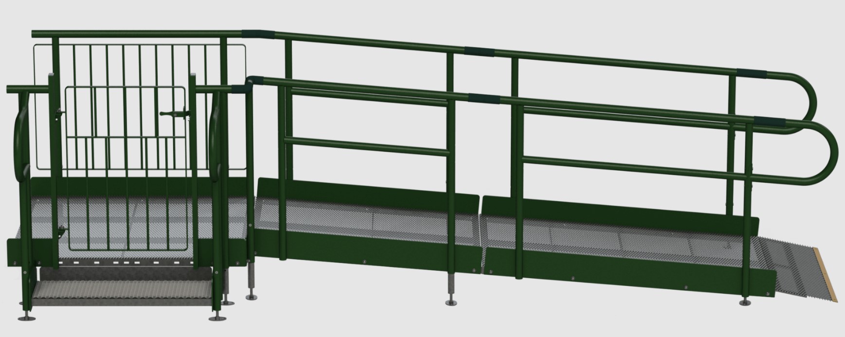 Ramps For Wheelchairs. Modular ramp with green handrails and easy access gate
