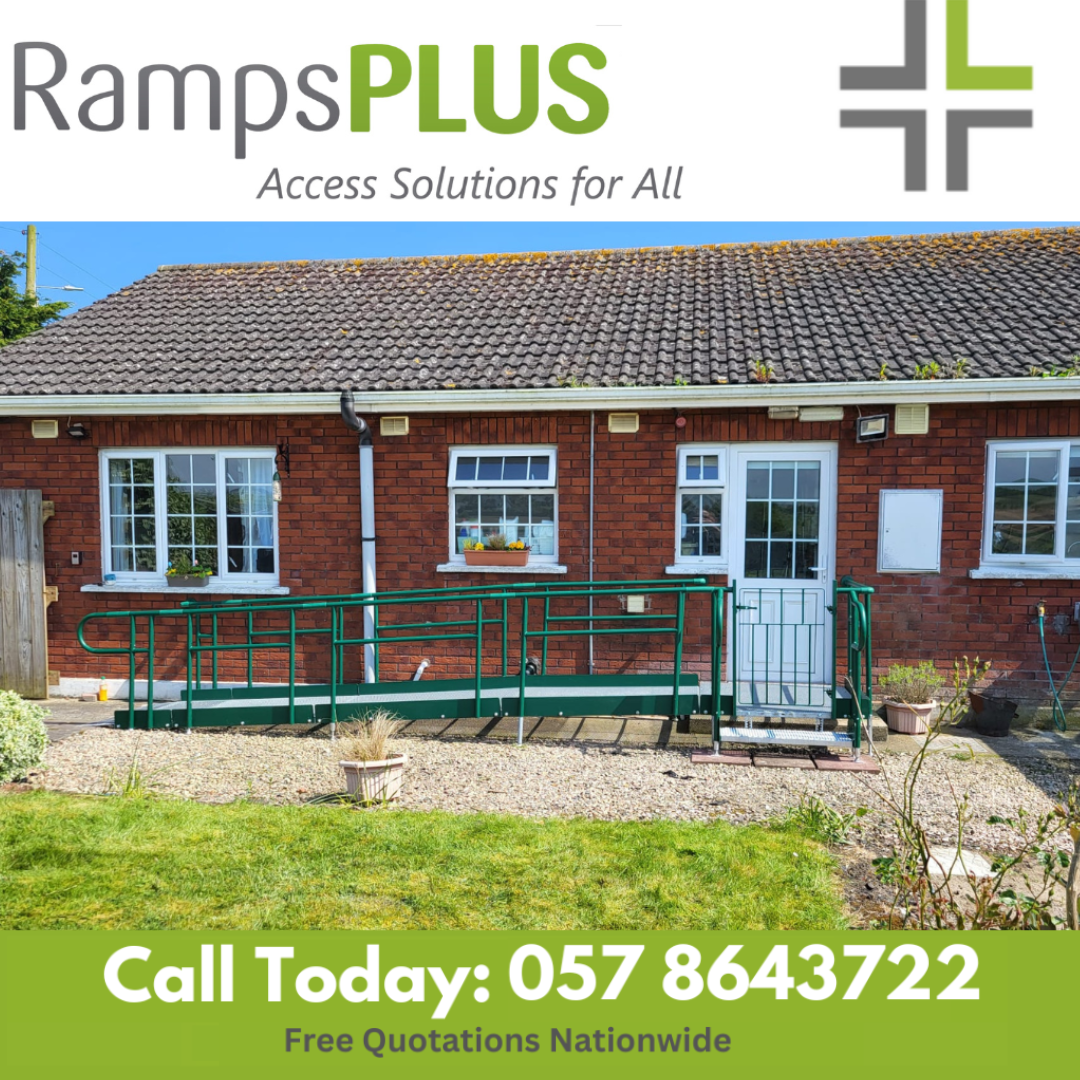 Modular Ramps Ireland. Ramps Plus Access Solution for all Call today 0579168011 A red brink bungalow with a metal modular ramp installed