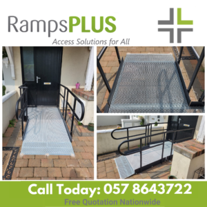 three images of a metal modular ramp installed