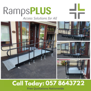 Four images of a metal modular ramp installed at the front door